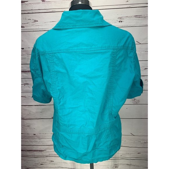 CHICO'S Light Jacket 3 L/XL Turquoise short sleeve Button Up Camp shirt Cover Up - Picture 4 of 10